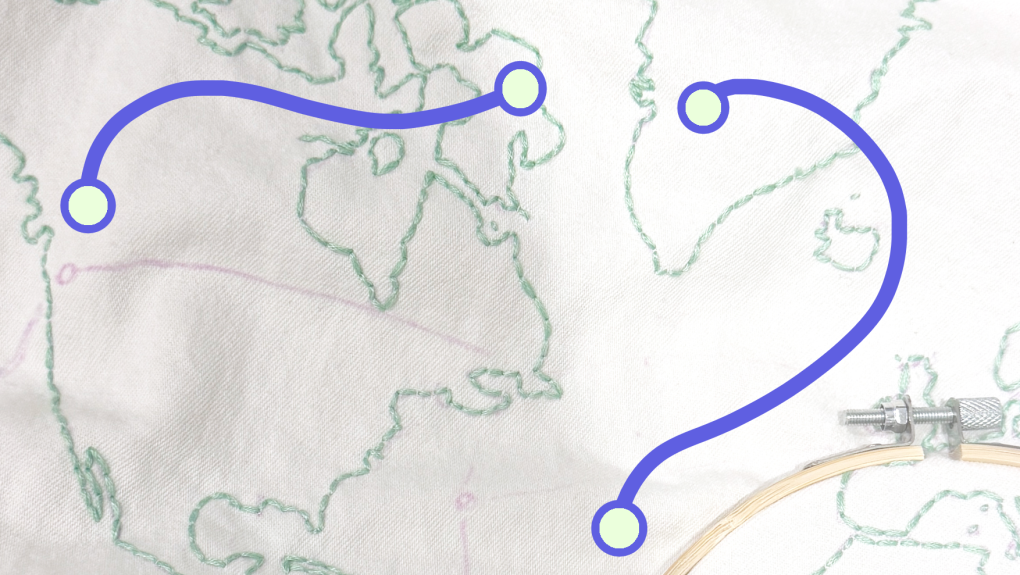 two purple lines with light green circular ends is illustrated as squiggles on top of a photo of a green embroidery of countries on beige canvas